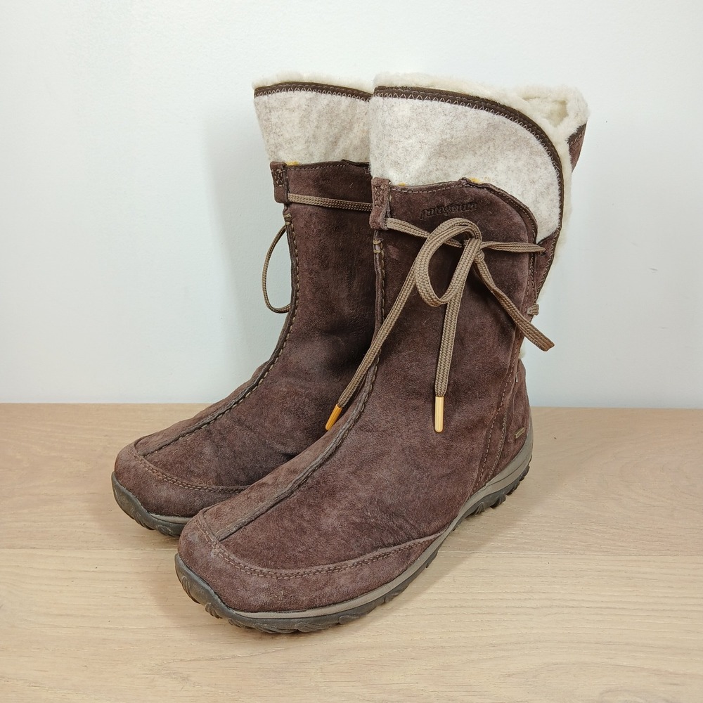 Patagonia Attlee Boots Women 9 Brown Suede Wool Lined Waterproof Winter Outdoor